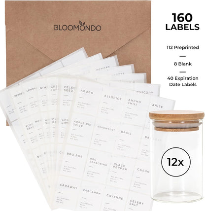 Empty Spice Jars with Label Pack (12x Bamboo Lid Glass Jar). Small 6oz Spice Storage Bottles with 112 Printed Stickers and 48 Writable Pantry Labels for Seasoning Containers