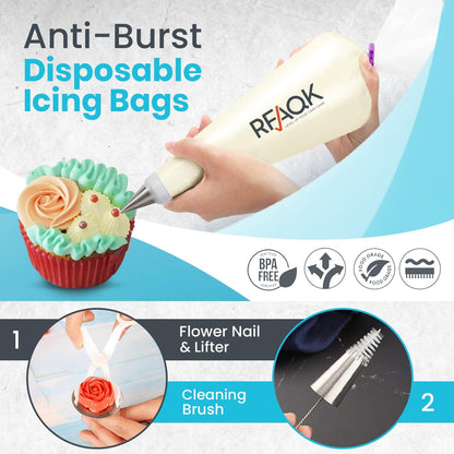 RFAQK 74 PCs Icing Piping Bags and Tips Set, Cake Decorating Kit with 48-Numbered Piping Tips, 20+1 Pastry Bags for Cookie Cupcake Cake Decoration, Cake Decorating Tips Set with Booklet and E-book