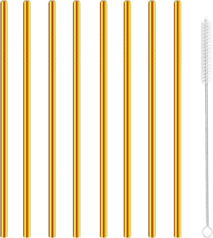 Stainless Steel Straws Metal Reusable Drinking Straw for Juice Iced Coffee Cold Beverage Water Highball Glasses 20oz Tumblers Mugs Cups, 0.24" 6mm Wide 215mm Long, Set of 8 with Brush, Gold