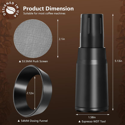 WDT Tool Espresso Distributor Accessory kit &1.7mm Thickness 150μm Mesh Puck Screen & 8 Magnets dosing ring Compatible with Breville Portafilter (WDT +54MM Black dosing ring&puck screen)