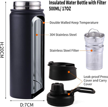Tea Infuser Bottle With Removable Loose Leaf Tea Strainer Cup 18/8 Stainless Steel Insulated Travel Tea Tumbler Black