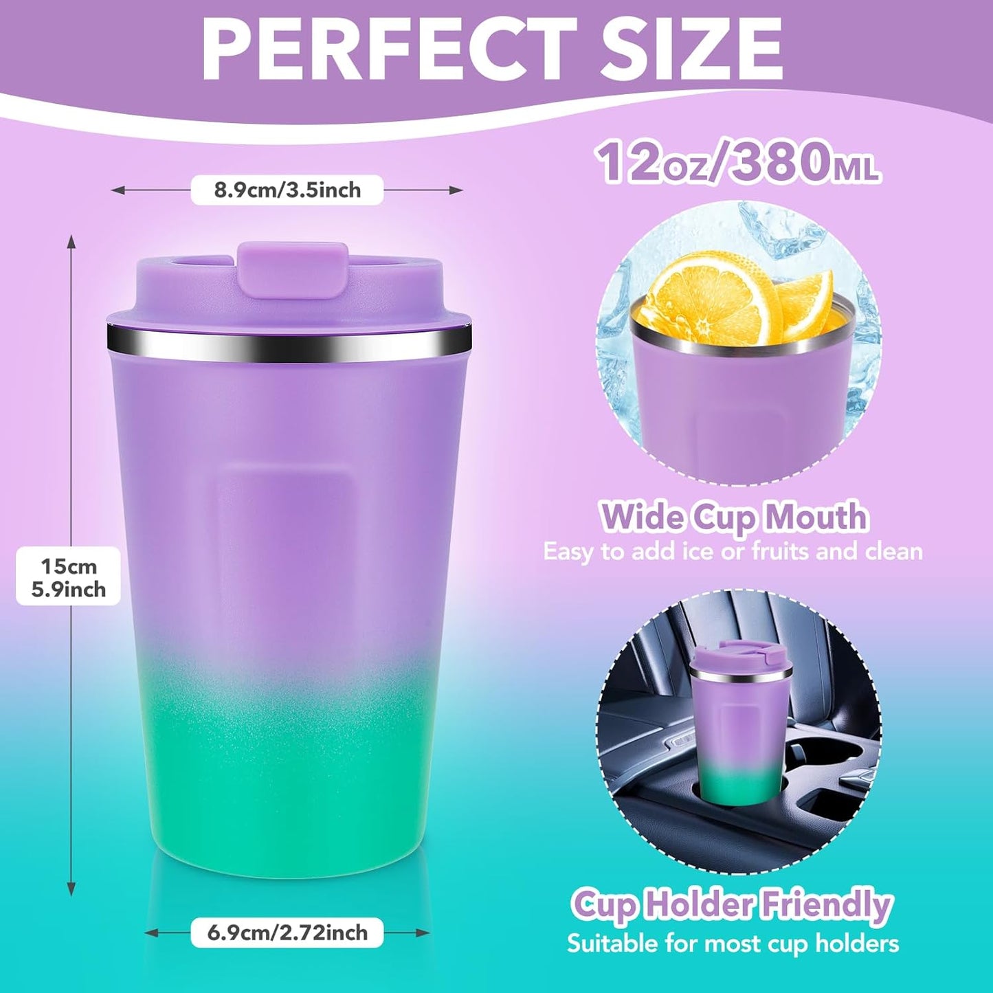 Volhoply 12 oz Double Wall Insulated Vacuum Travel Coffee Mug with Flip Lid Bulk 2 Pack,Reusable Stainless Steel Leak Proof Coffee Cup,Cafe Thermal Tumbler for Cold & Hot Drinks(Purple Green,2 Set)