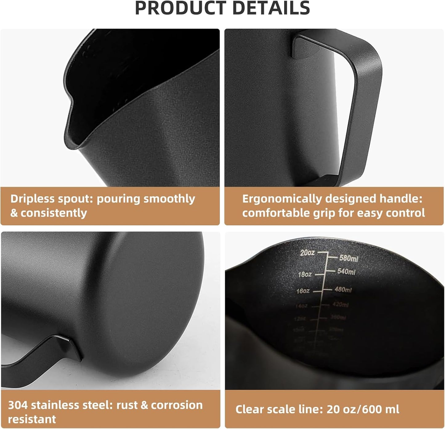 Milk Frother Pitcher 20 OZ，Espresso Milk Frothing Pitcher, Milk Steamer Cup Steaming Pitcher, Stainless Steel Coffee Froth Cup with Latte Art Pen for Coffee Cappuccino (Black)