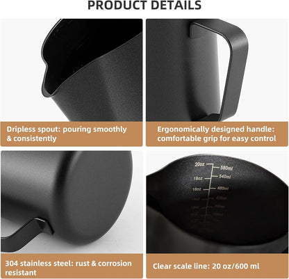 Milk Frother Pitcher 20 OZ，Espresso Milk Frothing Pitcher, Milk Steamer Cup Steaming Pitcher, Stainless Steel Coffee Froth Cup with Latte Art Pen for Coffee Cappuccino (Black)