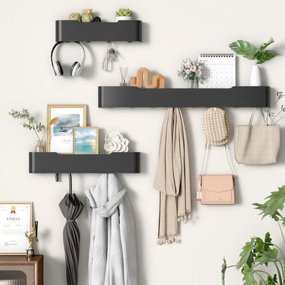 Coat Rack Wall Mount Entryway Organizer Modern Key Holder Wall Mount with Wooden Shelf Entryway Hooks for Bedroom Kitchen Hallway Bathroom for Hanging Coats Hats Bags Towels