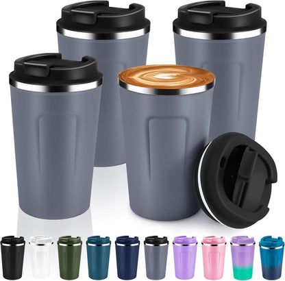 Volhoply 12 oz Double Wall Insulated Vacuum Travel Coffee Mug with Flip Lid Bulk 4 Pack,Reusable Stainless Steel Leak Proof Coffee Cups,Portable Cafe Thermal Tumbler for Hot & Cold Drinks(Gray,4 Set)