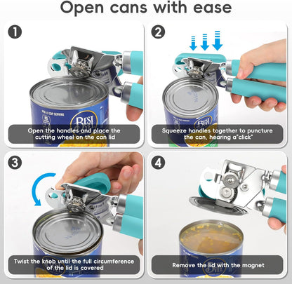 Can Opener Manual, UHIYEE Hand Held Manual Can Openers Heavy Duty with Smoother Cut Sharp Blade, Manual Hand Can Open with Soft Handle, Easy to Turn Knob, Magnetic Lid Lifter, Turquoise