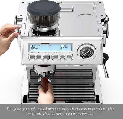 Espresso Machine with Grinder, 58mm Dual-Boiler Semi-Commercia Coffee Maker 20 Bar Professional with Milk Frother Steam Wand for Cappuccino, Barista LCD Display for Home, Stainless Steel