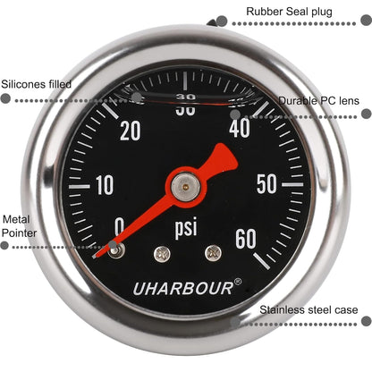 Glycerin Filled Pressure Gauge with 304 Stainless Steel Case, 1-1/2" Black Dial, 0-60Psi, High Accuracy, 1/8" NPT Center Back Mount…