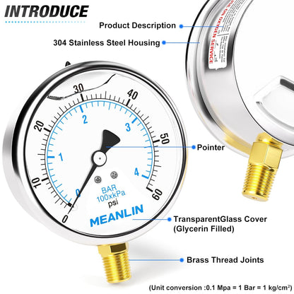 MEANLIN MEASURE 0~60Psi Stainless Steel 1/4" NPT 4" FACE DIAL Liquid Filled Pressure Gauge, Pool Sand Filter Water Pump Pressure Test Lower Mount, with 1/2" NPT and 3/8" NPT Hex Bushing