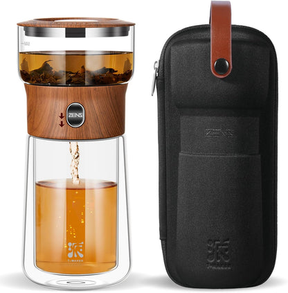 ZENS Modern Glass Infuser Teapot, One Touch Tea Maker for Loose Leaf Tea with Insulated Mug and Portable Case. Enchanted Pot Alternatives for Tea Lover Gifts