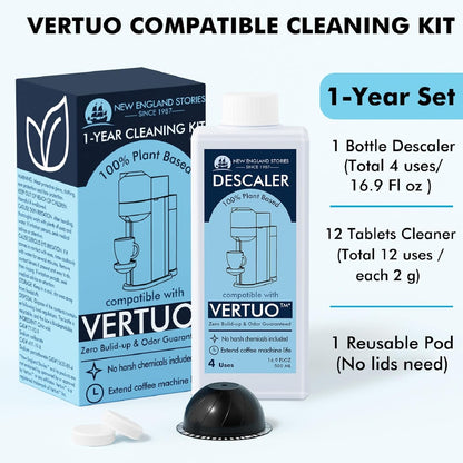 (12 Months Supply) Descaling Kit Compatible with Nespresso Vertuo, Odorless Coffee Brewer Machine Descaler Set, Liquid Descaling Solution for Nespresso, Includes Reusable Pod and 12 Cleaning Tablets