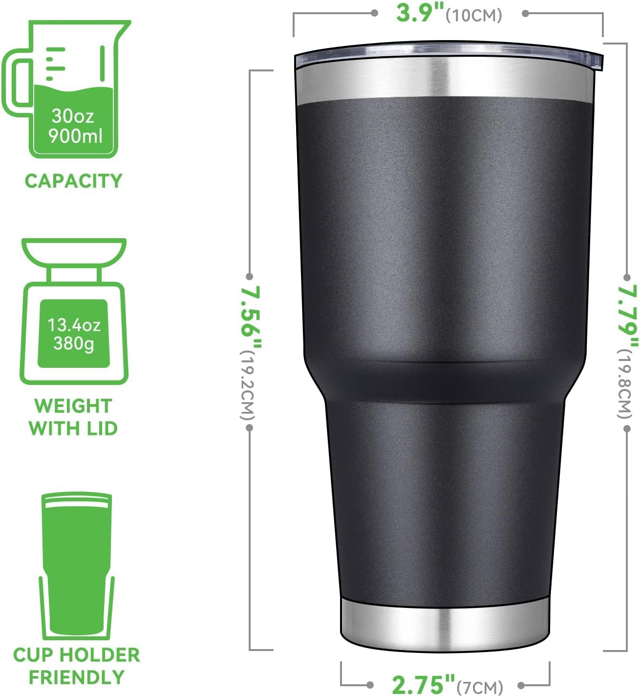 DOMICARE 30oz Tumbler Bulk with Lid and Straw, Double Wall Travel Coffee Mug, Insulated Vacuum Stainless Steel Tumblers, Powder Coated Tumbler Cup (Black, 8)