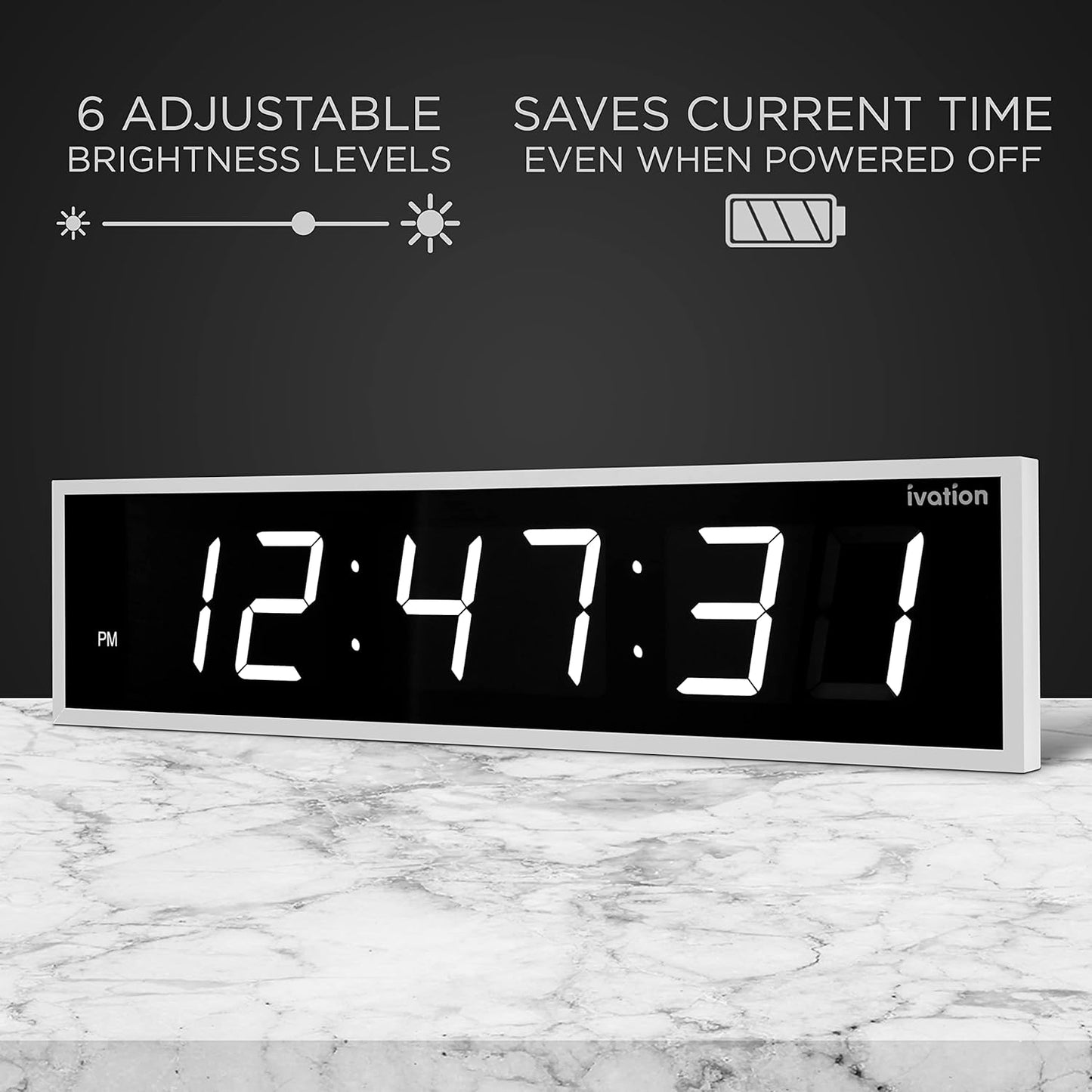 Ivation Oversized 24" Large Digital LED Clock | Big Digital Clock w/Multi-Function Display – Stopwatch, Timer, Alarms, Temp & Date | 6 Brightness Levels, Time Memory & Remote (White)