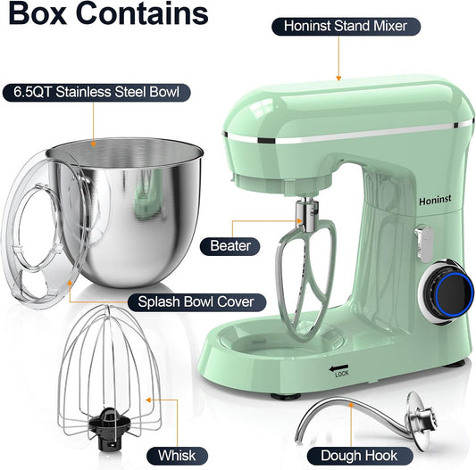 Stand Mixer, 6.5QT 10-Speed Tilt-Head Electric Stand Mixer, 3-In-1 Kitchen Mixer with Bowl, Dough Hook, Whisk and Beater, Food Mixer for Baking, Cake and Most Home Cooks, Light Green