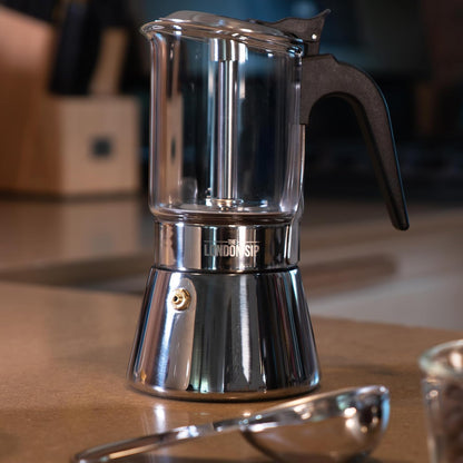 London Sip Glass and Stainless Steel Stovetop Espresso Maker Moka Pot Italian Coffee Percolator, Glass, Medium (10.14 oz)