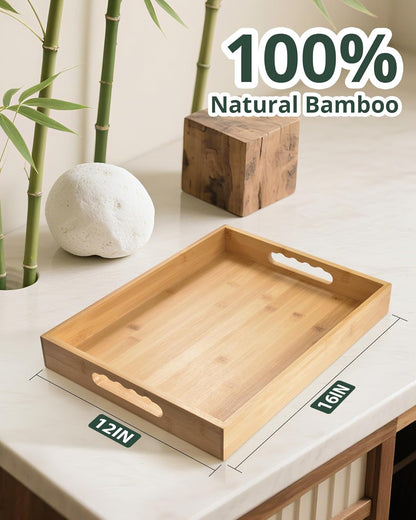Serving Tray with Handles, LYNG Bamboo Bed Tray with Removable Silicone Mat, TV Tray for Breakfast Laptop Dining Couch Outdoor