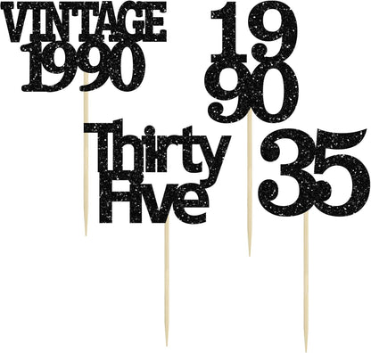 Gyufise 24Pcs Vintage 1990 Cupcake Toppers Glitter Cheers to 35 Fabulous Thirty Five Cupcake Picks 35th Birthday Wedding Anniversary Party Cake Decorations Supplies Black