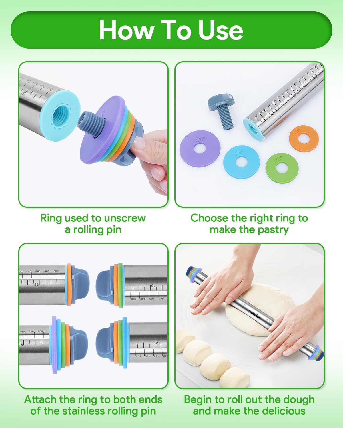 Adjustable Rolling Pin with Thickness Rings for Baking, Adjustable Stainless Steel Designs Dough Roller Pins for Cookie Decorating & Dough Pizza Pie Adjustable Long Rolling Pin 23.6 Inch