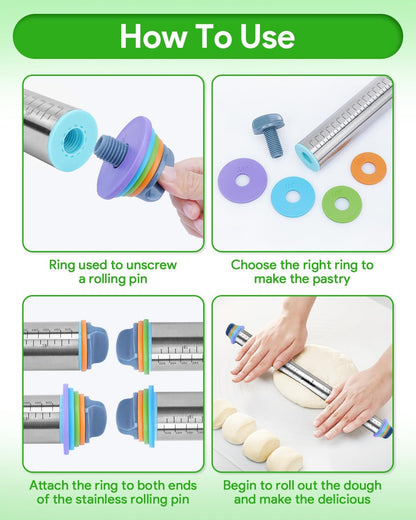 Adjustable Rolling Pin with Thickness Rings for Baking, Adjustable Stainless Steel Designs Dough Roller Pins for Cookie Decorating & Dough Pizza Pie Adjustable Long Rolling Pin 23.6 Inch