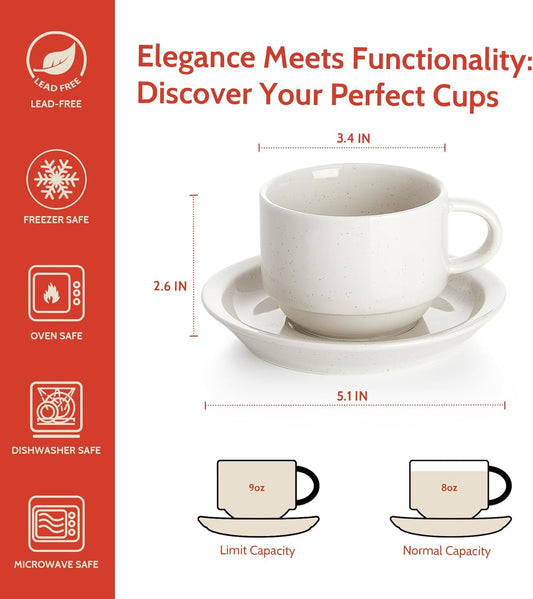 Sweese Porcelain Cappuccino Cups Set - 8 oz Stackable Coffee Mugs with Saucers, Metal Stand, Dove Grey, Set of 4