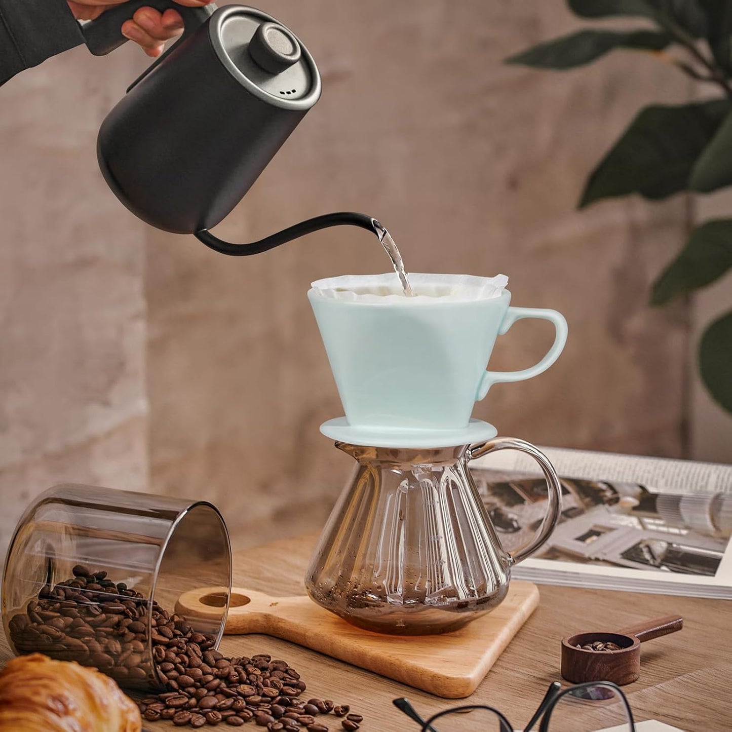 Handmade Pour Over Ceramic Coffee Dripper - Authentic Brewing Experience for Camping, Office, and Home (Blue)