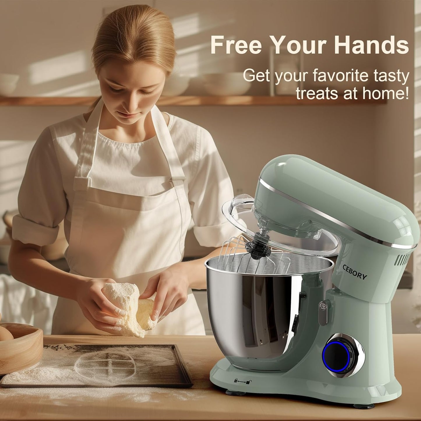 3-IN-1 Electric Stand Mixer, 6.5QT Bowl 660W 10-Speed Kitchen Mixer, Household Food Mixers include Dough Hook, Beater and Whisk, Bread Cake Mixer for Baking and Most Home Cooks, Green