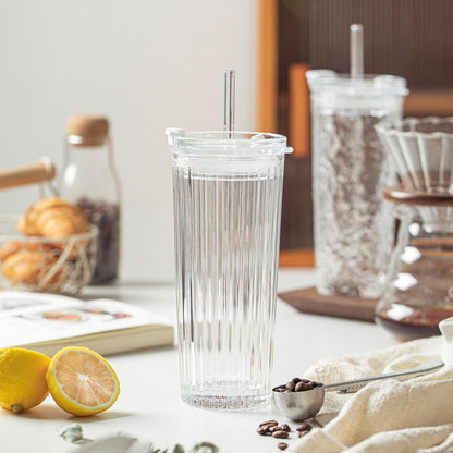 KEMORELA Ribbed Glass Tumbler with Straw and Lid – 18oz Durable Leak-Proof Drinking Cup for Hot and Cold Beverages – Stylish Design, Ideal for Iced Coffee, Smoothies, and More (2PCS-A)