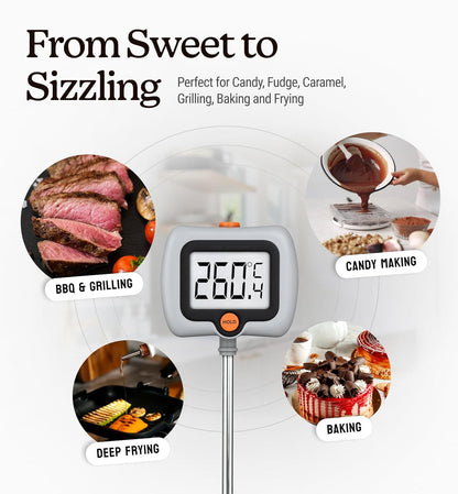 Digital Candy Thermometer with Pot Clip, 10" Long Stainless Steel Probe, Instant Read Kitchen Thermometer for Cooking, Baking, and Candy Making (Gray)
