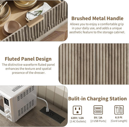 QUW Fluted Buffet Sideboard Cabinet with Storage, 47.2" Kitchen Cabinet with Drawers and Adjustable Shelves, Modern Coffee Bar with Charging Station, for Dining Room, Living Room, Grey