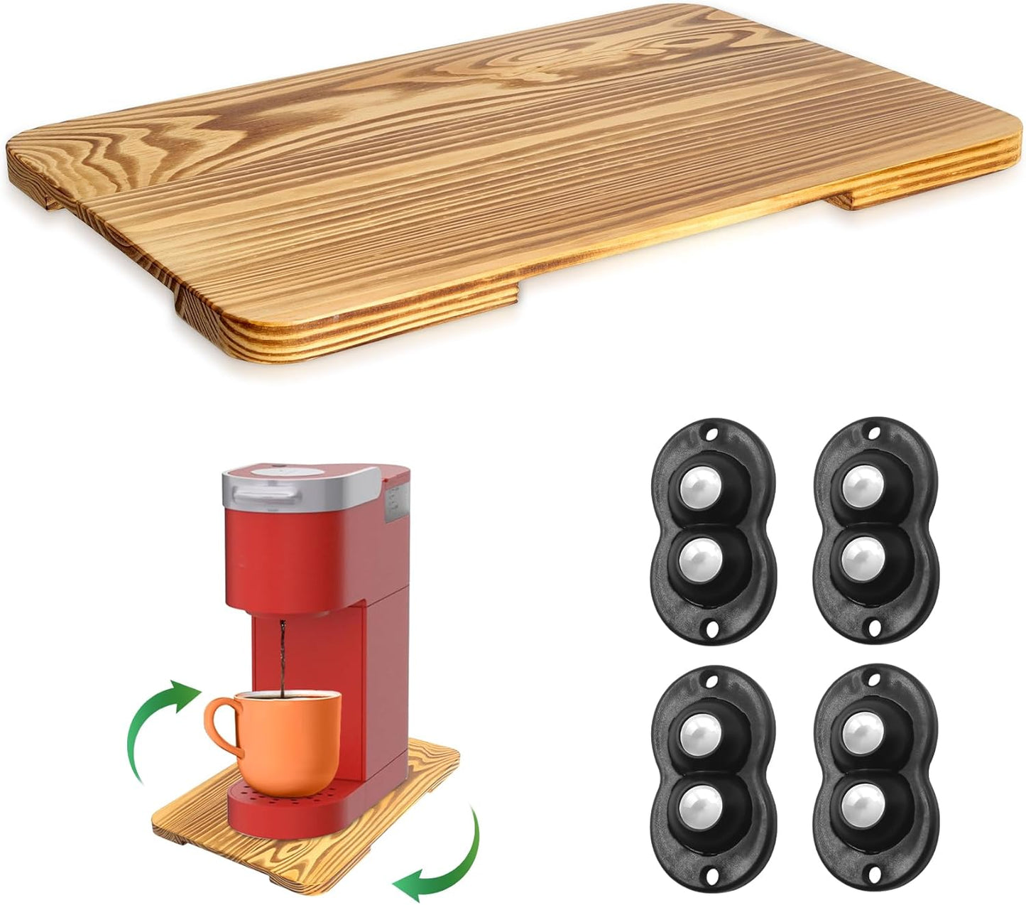 Appliance Slider 360° Rolling Tray for Coffee Maker- Wood Coffee Pot Slider Tray Countertop Rotation Sliding Tray with Wheels, Small Appliances Mat (Small 13.9"×9.4")