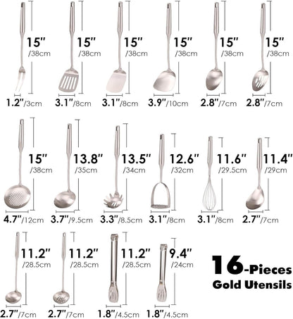 18/10 Stainless Steel Cooking Utensils Set - 16 PCS All Metal Kitchen Tools, Serving Utensils - Whisk, Masher, Fork, Tongs, Solid/Slotted Spoon, Spatula, Turner, Ladle, Skimmer, Pasta, Large Spoon Set
