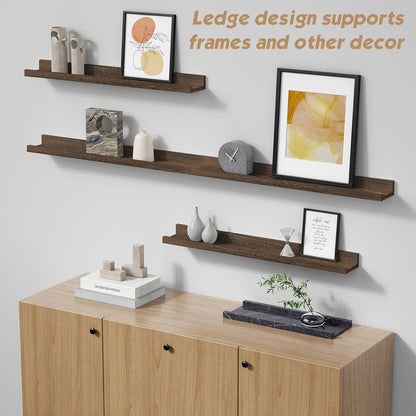 Forbena Wooden Floating Shelves with Lip for Wall, Dark Brown Picture Ledge Shelf for Books Photo Framses, Rustic Farmhouse Hanging Wall Shelves for Bedroom Office Kitchen (Set of 4, Solid Wood)