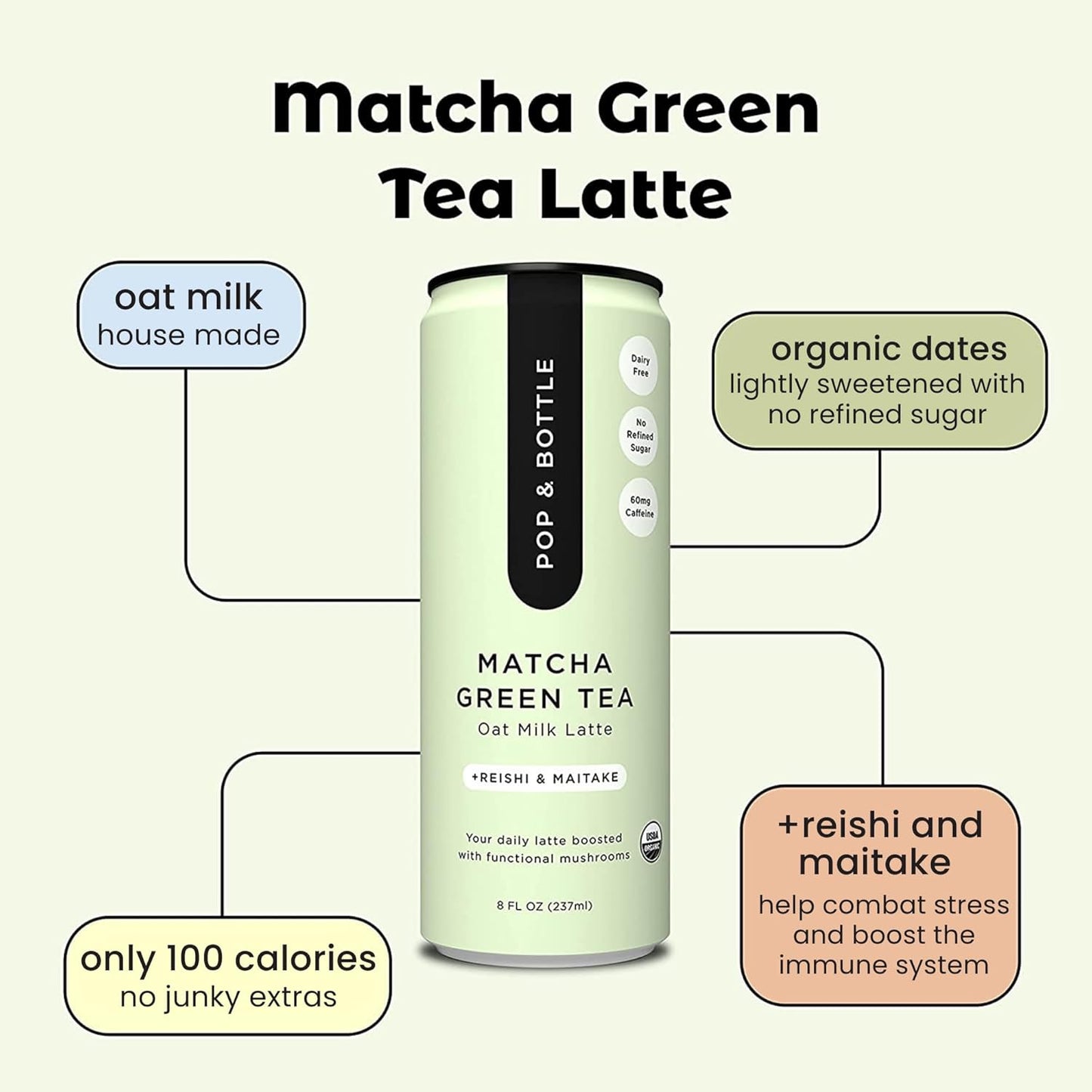 Pop & Bottle, Oat Milk Lattes - Matcha with Reishi and Maitake Mushrooms, Green Tea Latte, MCT Oil, Organic, Dairy Free, Gluten Free, Lightly Sweetened with Dates - Matcha, 8 Fl Oz (12 Pack)