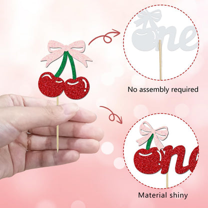 24 Pack Cherry 1st Birthday Cupcake Toppers, Glitter Cherry First Birthday Cake Pick for Fruits Theme One Birthday Party Cake Decorations Supplies (One)