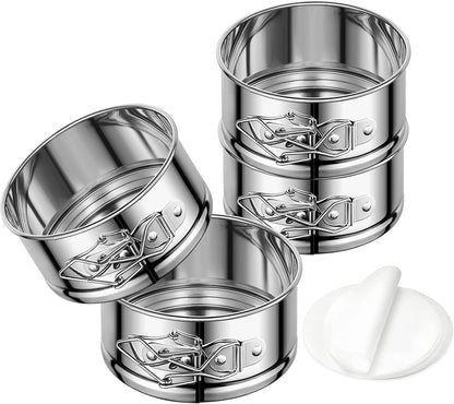 4" Springform Cake Pan, 4 Pcs Stainless Steel Springform Pans with 50 Pcs Paper Liners, Leakproof & Nonstick Cheesecake Pan with Removable Bottom, Small Cake Pan for Mini Pizzas Quiches