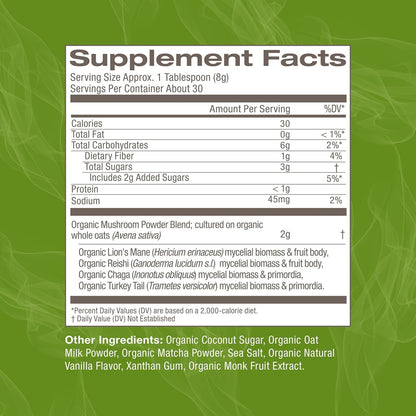 Om Mushroom Superfood Matcha Latte Blend Mushroom Powder, 8.47 Ounce Canister, 30 Servings, Green Tea, Lion's Mane, Reishi, Chaga, Turkey Tail, Focus & Stress Support Supplement