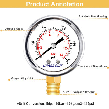 Lead-Free Pressure Gauge 1/4 NPT 0-200 Psi 2" Dial Stainless Steel Case, 1/4 NPT Lower Mount Pressure Gauge