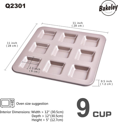 Financier Cake Pan, 9-Cavity Non-Stick Square Muffin Pan Biscuits Cookies Bakeware for Oven Baking (Champagne Gold)
