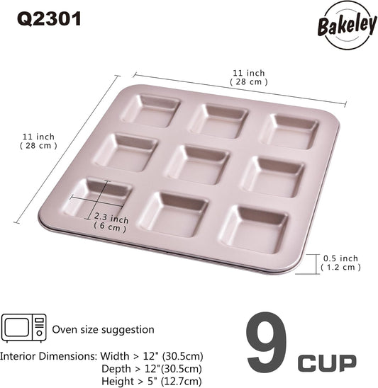 Financier Cake Pan, 9-Cavity Non-Stick Square Muffin Pan Biscuits Cookies Bakeware for Oven Baking (Champagne Gold)