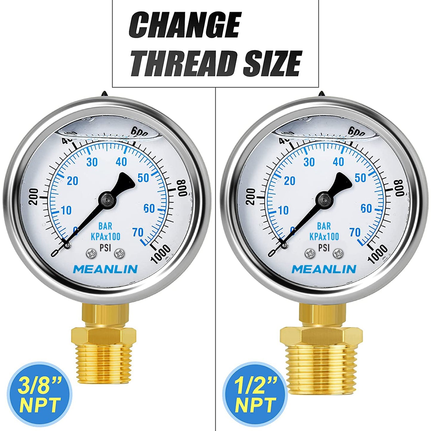 MEANLIN MEASURE 0~1000Psi Stainless Steel 1/4" NPT 2.5" FACE DIAL Liquid Filled Pressure Gauge WOG Water Oil Air Lower Mount, with 1/4" x 1/2" NPT and 1/4" x 3/8" NPT Hex Bushing