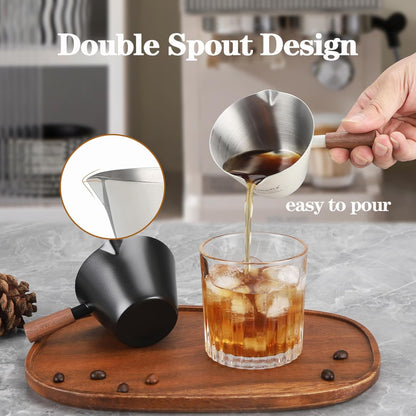 Mongdio Espresso Measuring Cup, Stainless Steel Espresso Shot Cups with Wooden Handle and Double Spouts, 6.8OZ/200ML, White