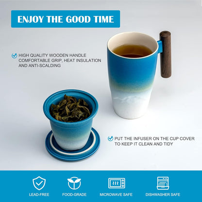 suyika Tomotime Ceramic Tea Cup with Infuser and Lid Tea Mugs Wooden Handle 400ml/13.5oz (Cyan blue)