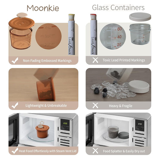 Moonkie Silicone Baby Food Containers | 8oz/4 oz Baby Food Storage Jars with Airtight Lids and A Snack Cup Lid | Freezer,Microwave and Dishwasher Safe, Reusable Baby Food Jars for Infant & Toddler