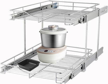 DINDON 2 Tier Pull Out Cabinet Organizer (17" W x 18" D) Heavy-Duty Metal Sliding Drawer Shelf, Two Tier Pull Out Shelves for Kitchen Cabinets, Pantry, Bathroom, Chrome Finish