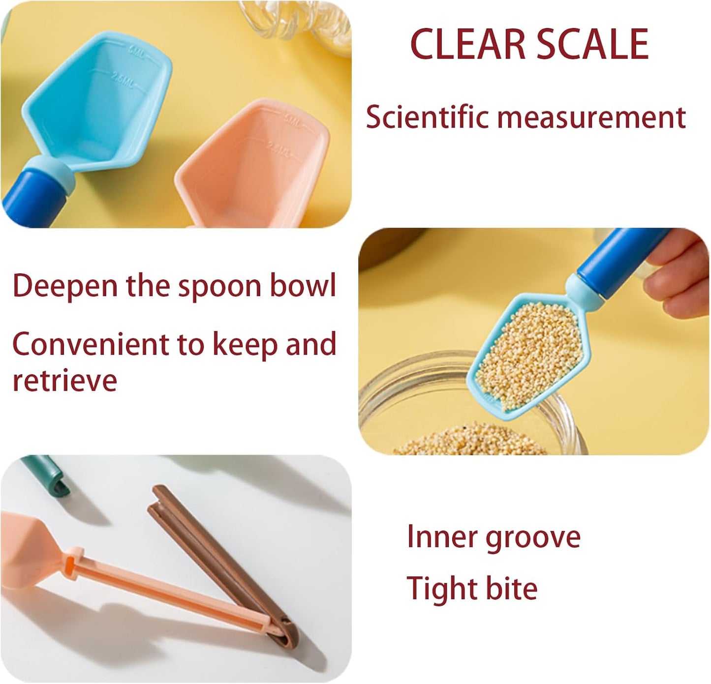 2 SET of 8 PCS Multi-functional sealing clip with measuring spoon Magnetic Coffee Measuring Spoon Sealing Clips with Wall Container Mount, PP materia, Deep Bowl Design (White)