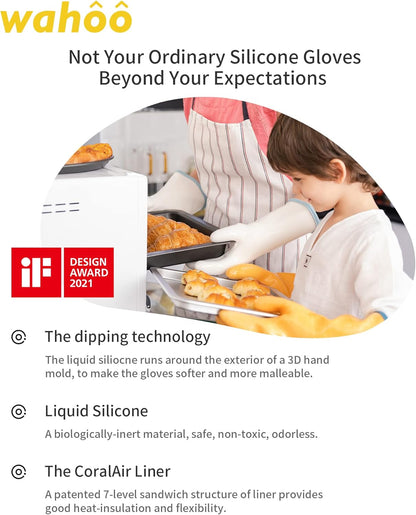 wahoo Professional Liquid Silicone Oven Mitts Gloves, Heat Resistant Gloves for Cooking, Baking, CoralAir Liner, 12 Inch, White, Large