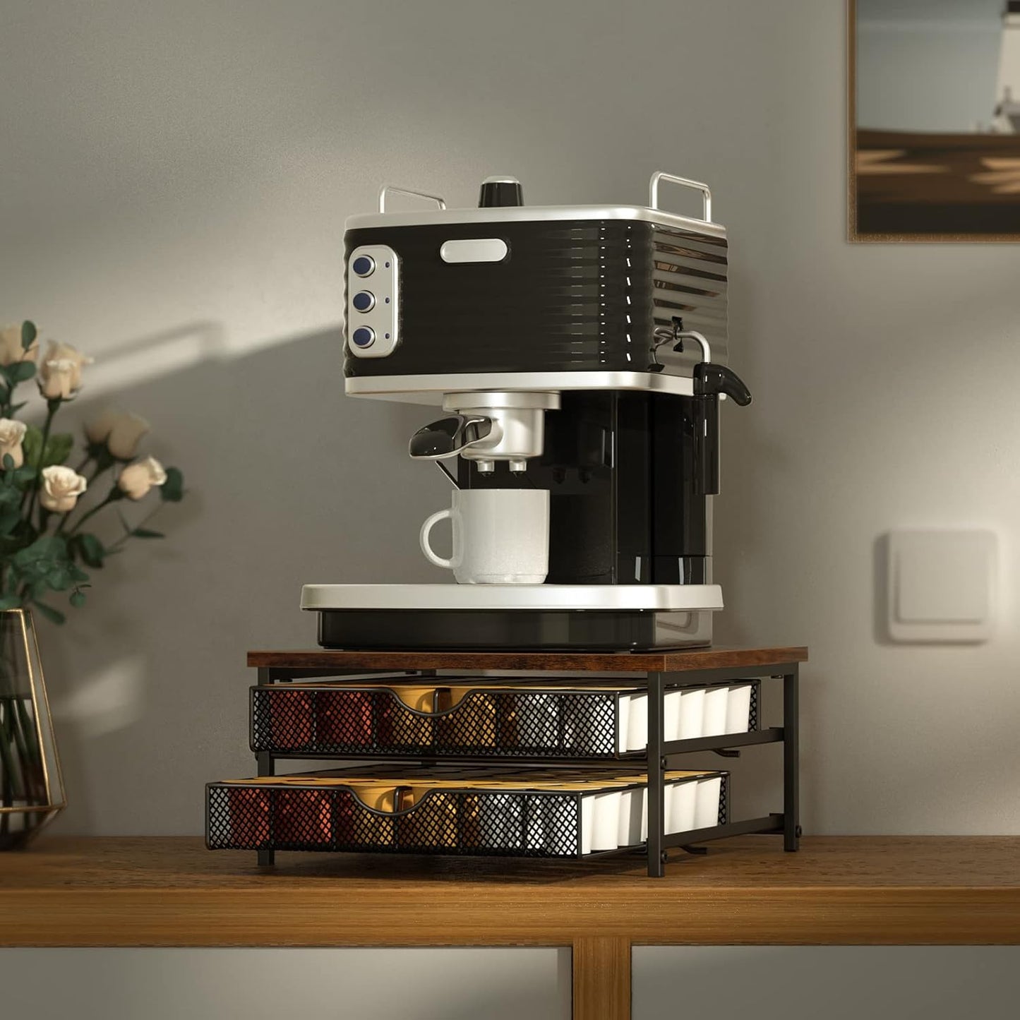 Coffee Pod Drawer Holder Capsule Storage Organizer 2 Tier Coffee Pods Holder With Sliding Baskets for 72 Capacity K Pod, Suit for Home Office Cafe Counter (Black)