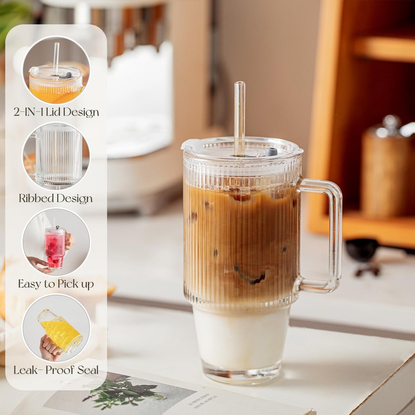 KEMORELA 6-Pack 24oz Glass Cups with Lids and Straws, Ribbed Textured Tumblers with Handle, Reusable Clear Drinking Glasses for Iced Coffee, Bubble Tea, Dishwasher Safe, Drinkware Set