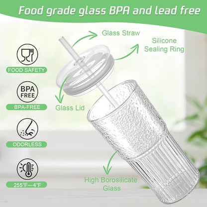 Glass Cups with Lids and Glass Straws, High Borosilicate 20OZ Tumblers (4Pcs) for Coffee, Tea, Juice, Smoothies, Hot/Cold Drinks at Home, Office